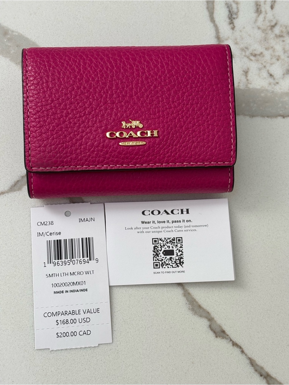 Coach Pebbled Leather Trifold Wallet - Cerise